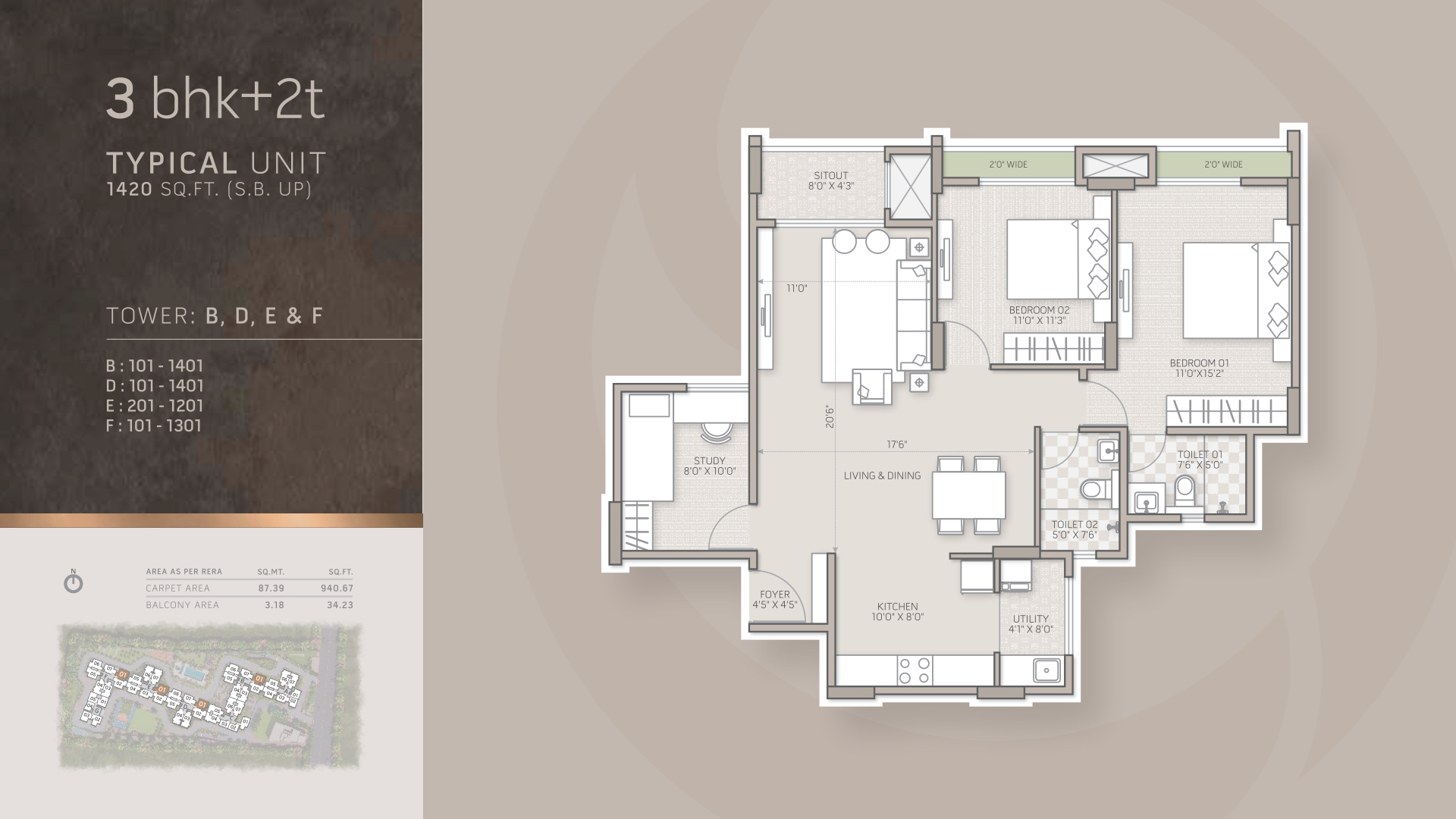3 BHK + 2T Floor Plan